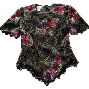 Vintage Lawrence Kazar Top Womens Medium Silk Sequin lined Beaded floral Evening